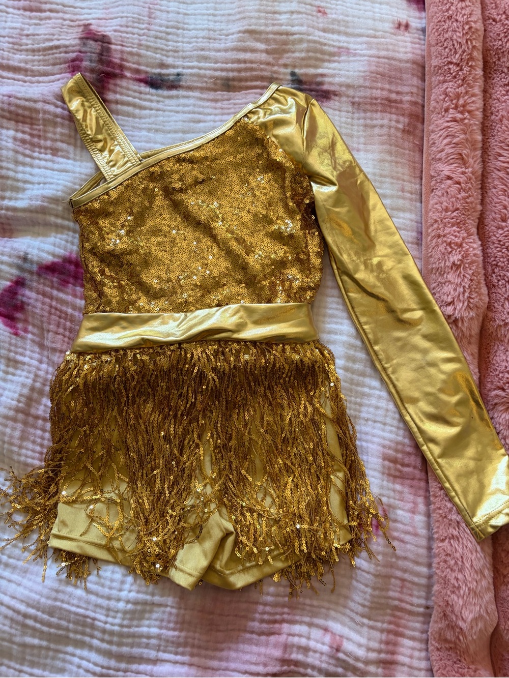 Gold Sequin One-Shoulder Kids Asymmetric Bodysuit Long Sleeves with Fringe